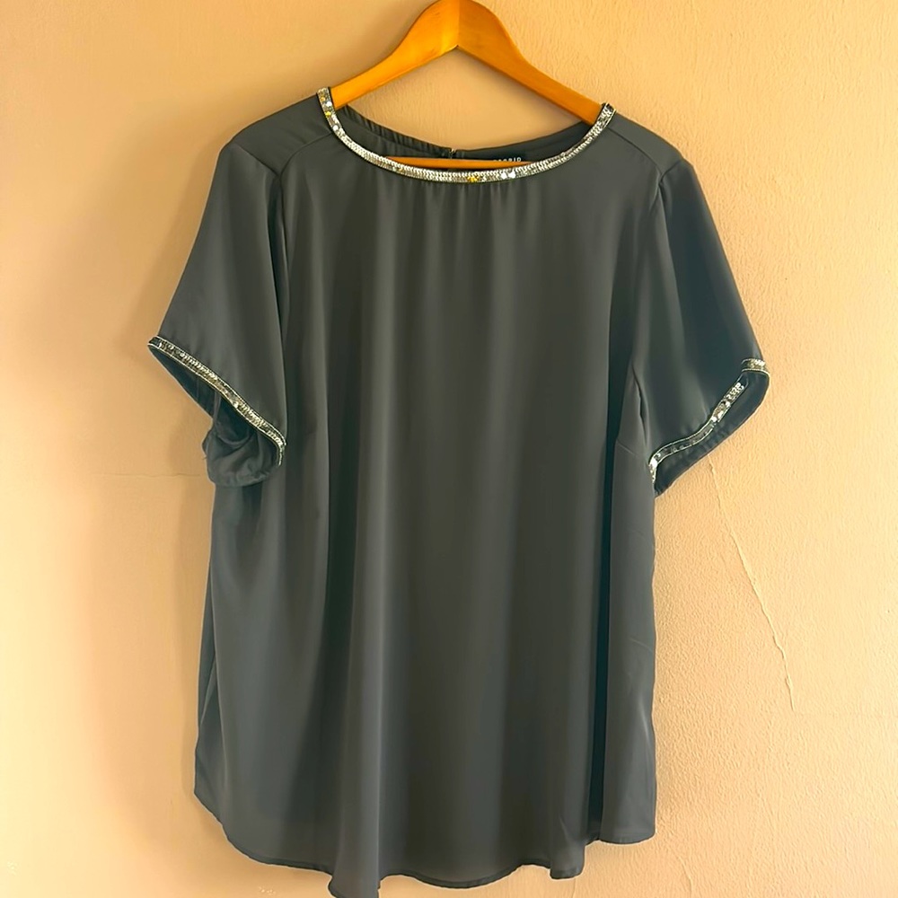 Women’s lavender gray blouse with sequin trim at neckline and sleeves